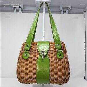 Kate Spade Woven Straw Shoulder Bag Green Leather Trim Floral Lined Top Handle
